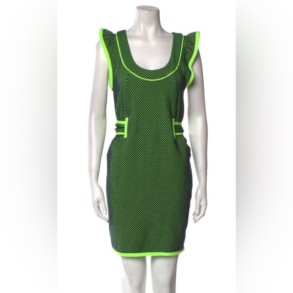 Marc by Marc Jacobs Neon Green Striped Dress Ruffle Sleeve Designer Size S